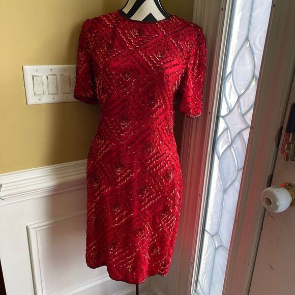 NWOT Mark and John by Gopal 100% silk red sequins& beaded over the knee dressSZM - Picture 5 of 13
